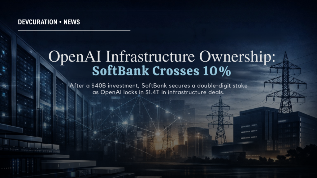 OpenAI infrastructure ownership illustrated through data centers, power grids, and large-scale AI compute backed by SoftBank